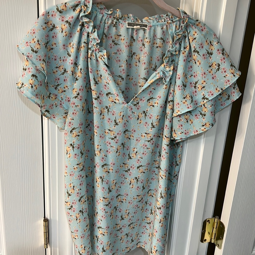 Pleione flutter sleeve ruffle neck too. Size M